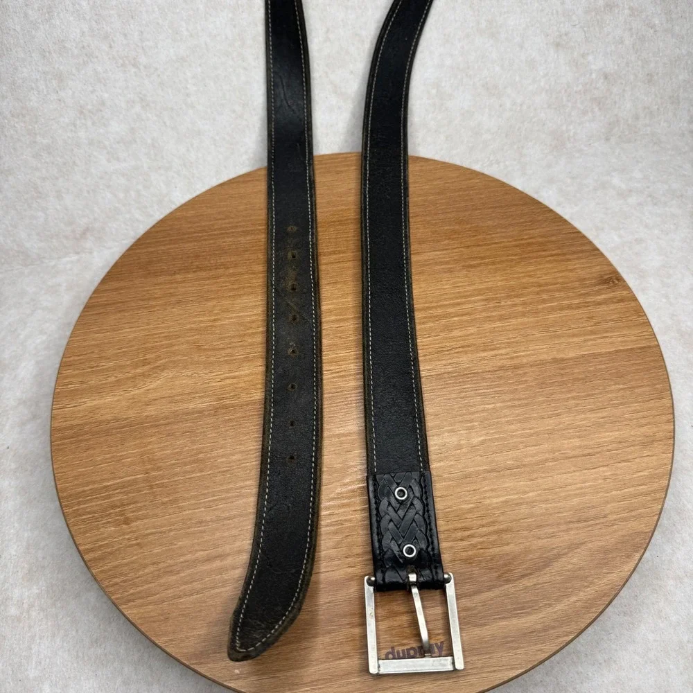 Mens Black Leather Belt Silver Buckle Embossed Woven Design‎ WELL WORN Size 36